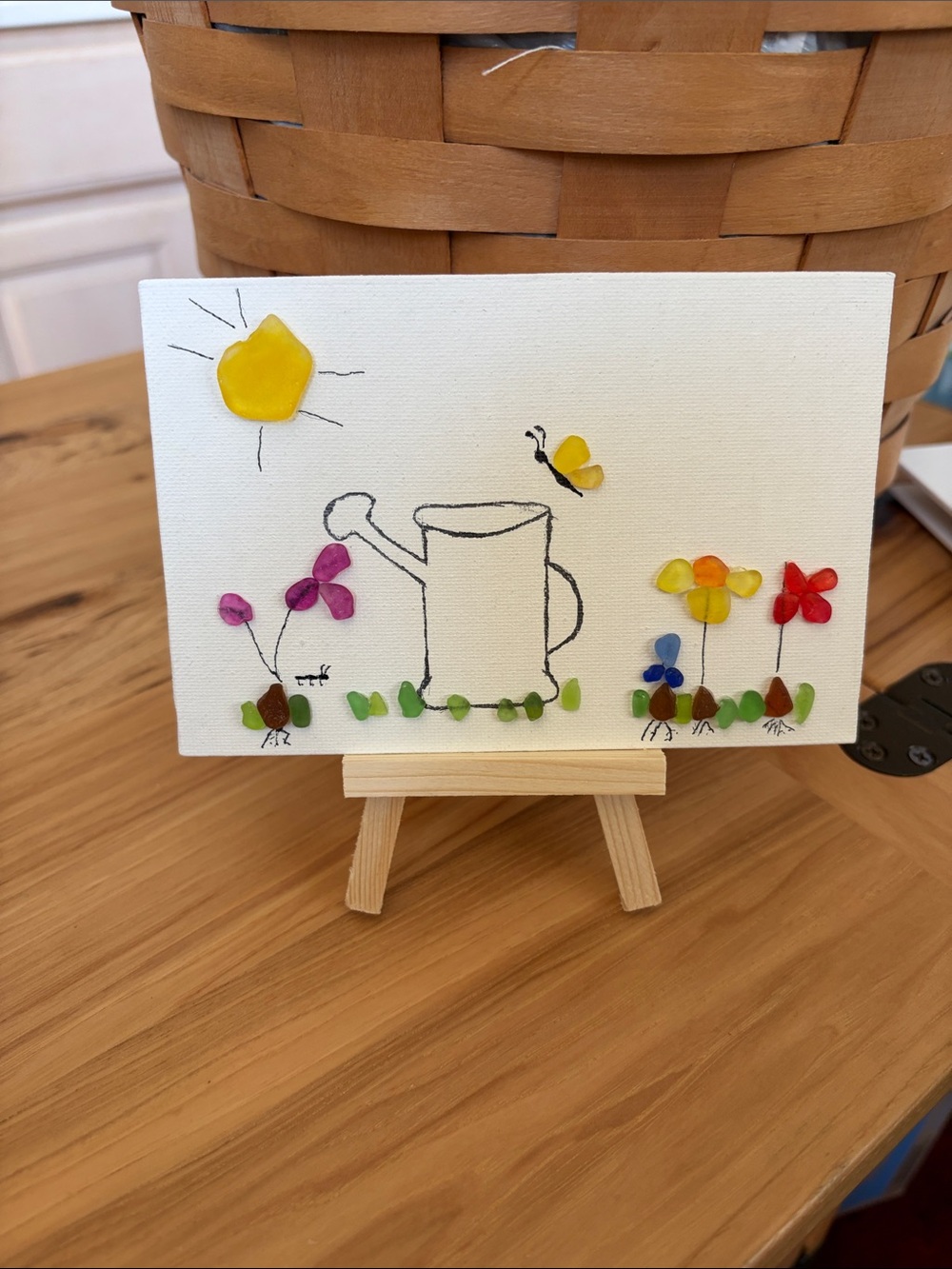 Handmade Sea Glass Watering Can Canvas with Flowers
